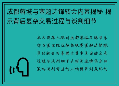 成都蓉城与塞超边锋转会内幕揭秘 揭示背后复杂交易过程与谈判细节