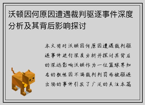 沃顿因何原因遭遇裁判驱逐事件深度分析及其背后影响探讨