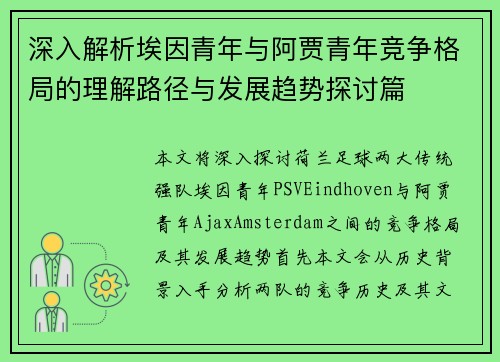 深入解析埃因青年与阿贾青年竞争格局的理解路径与发展趋势探讨篇