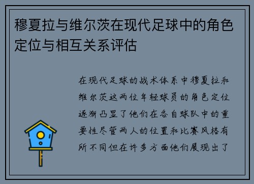 穆夏拉与维尔茨在现代足球中的角色定位与相互关系评估