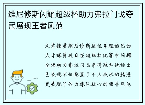 维尼修斯闪耀超级杯助力弗拉门戈夺冠展现王者风范