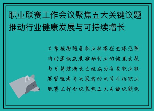 职业联赛工作会议聚焦五大关键议题推动行业健康发展与可持续增长